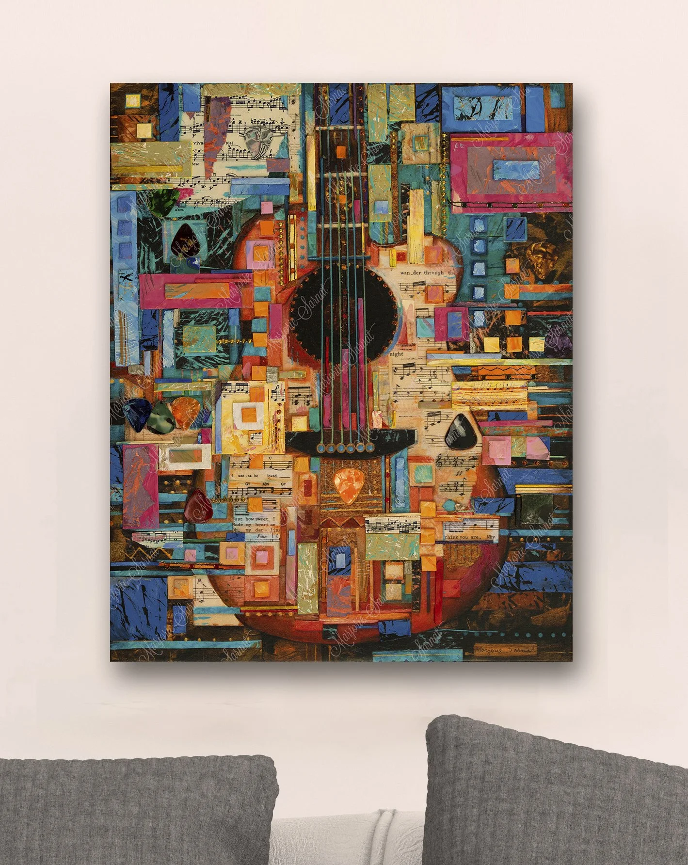 Hidden Harmonies, Music Inspired Guitar Artwork, Wall Art Canvas